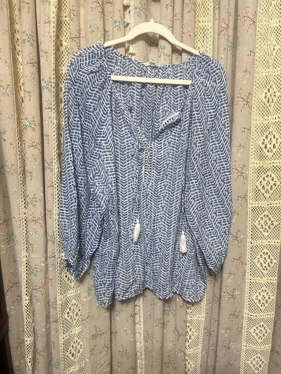 Palm Rio Tops - 2/$28 Blue White Boho Peasant Blouse Tassel Tie Gauzy Coastal Top XL